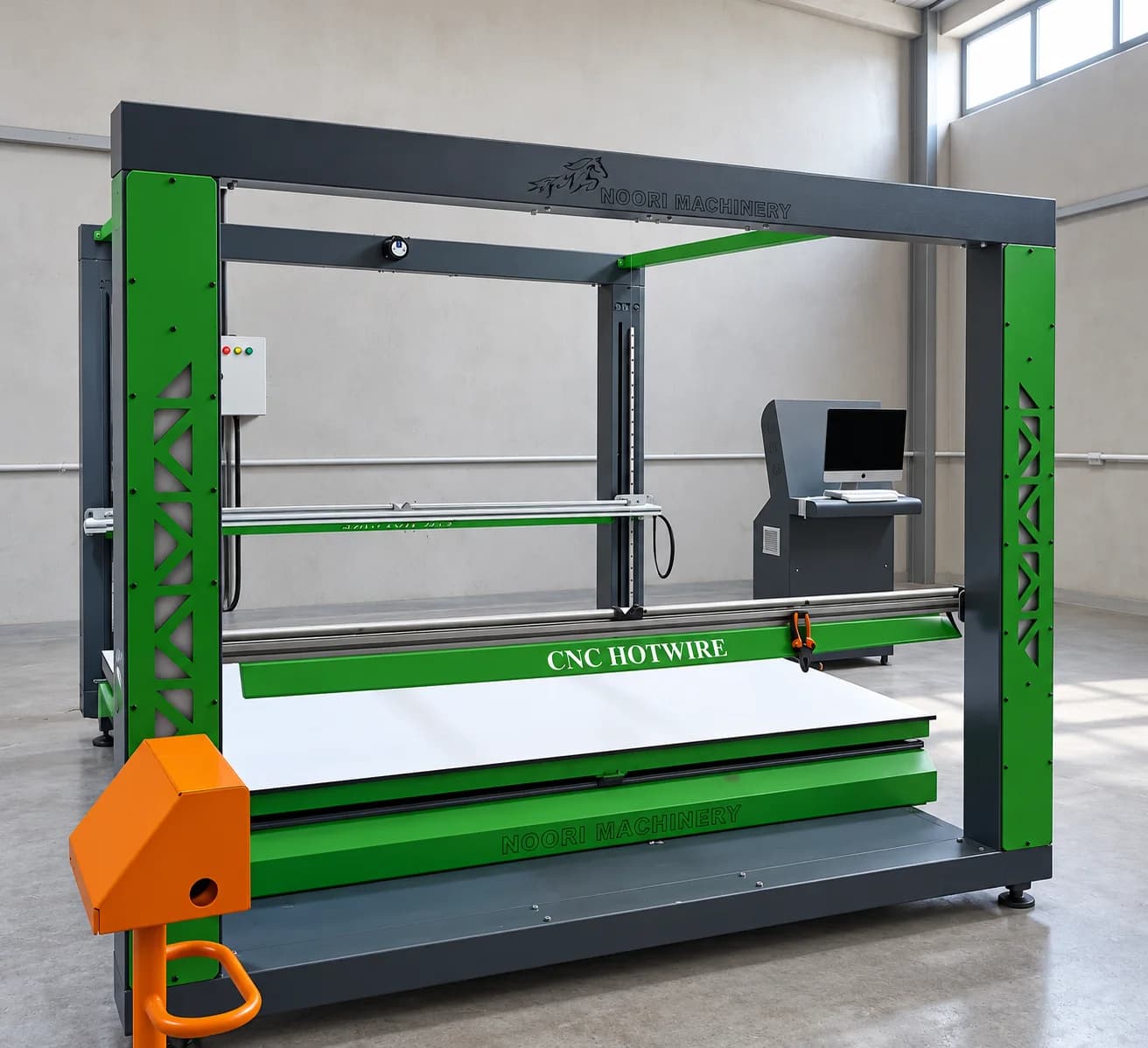 دستگاه برش CNC سیم داغ با بدنه سبز و خاکستری و میز قرارگیری بلوک EPS