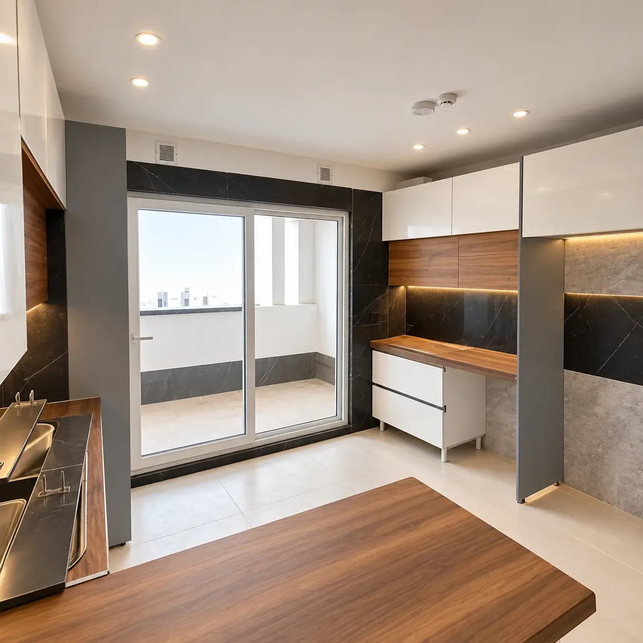 آشپزخانه با کابینت چوبی و جزیره روشن